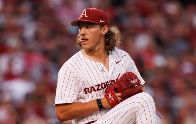 Arkansas' Hagen Smith pitches during the Fayetteville Regional. 