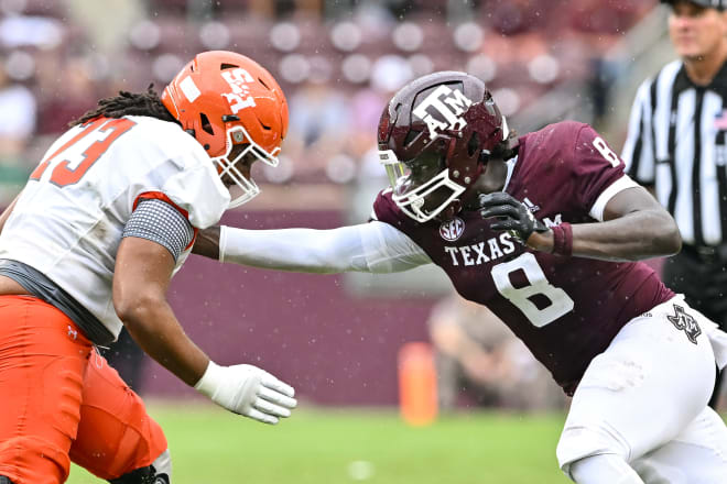 Texas A&M Aggies defensive lineman Anthony Lucas (8) and Sam Houston State Bearkats offensive lineman Moses Johnson (73) in action during the second half at Kyle Field. Photo | Maria Lysaker-USA TODAY Sports