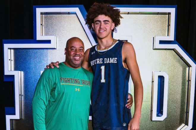 Notre Dame hosted Malachi Moreno, pictured above with Micah Shrewsberry, for an unofficial visit last September during the Ohio State football game. Moreno is the third-highest ranked target in the 2025 class for the Irish.