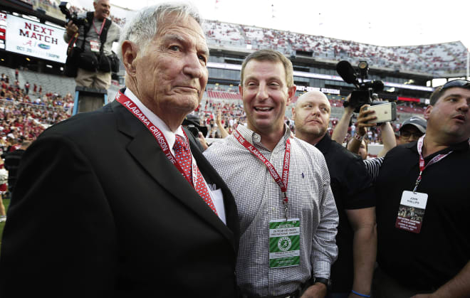 Swinney is shown here in Tuscaloosa (Ala.) with former Alabama head coach and mentor Gene Stallings in October of 2017.