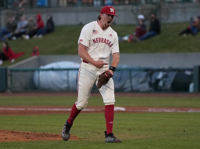 Nebraska starting pitcher Drew Christo celebrates during the Huskers' 7-6 win over Nicholls State on Friday night