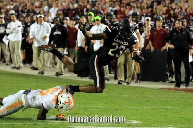 Rico Dowdle flies through the air with the greatest of ease Saturday night against Tennessee.
