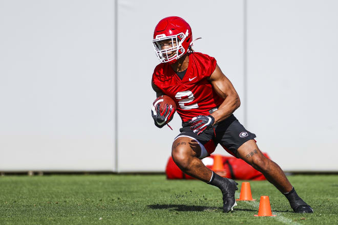 Kendall Milton carries the ball during a spring practice. (Tony Walsh/UGA Sports Communications)