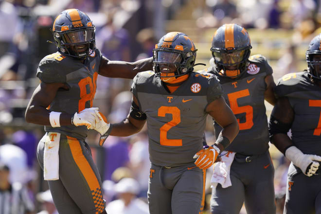 Tennessee wide receiver Ramel Keyton and running back Jabari Small celebrate after one of Small's two touchdowns on Saturday. 