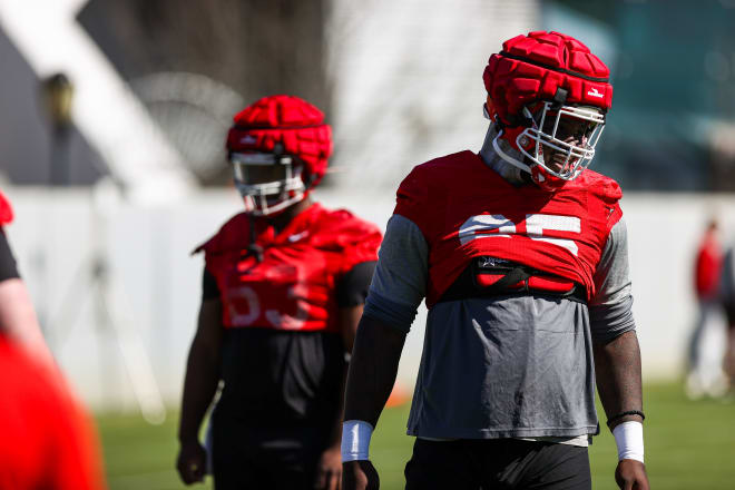 Georgia offensive lineman Amarius Mims (65) during Georgia’s spring practice session in Athens, Ga., on Tuesday, March 14, 2023. (Tony Walsh/UGAAA)