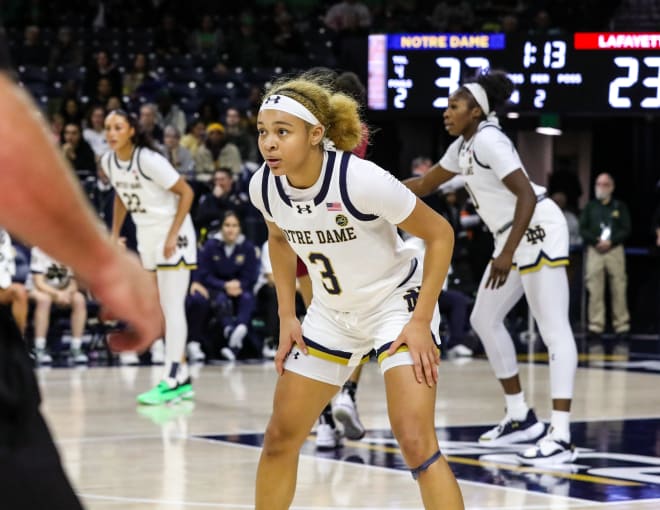 Freshman Hannah Hidalgo (3), the nation's leader in steals, picked up six more Wednesday night in Notre Dame's 96-42 conquest of Lafayette.