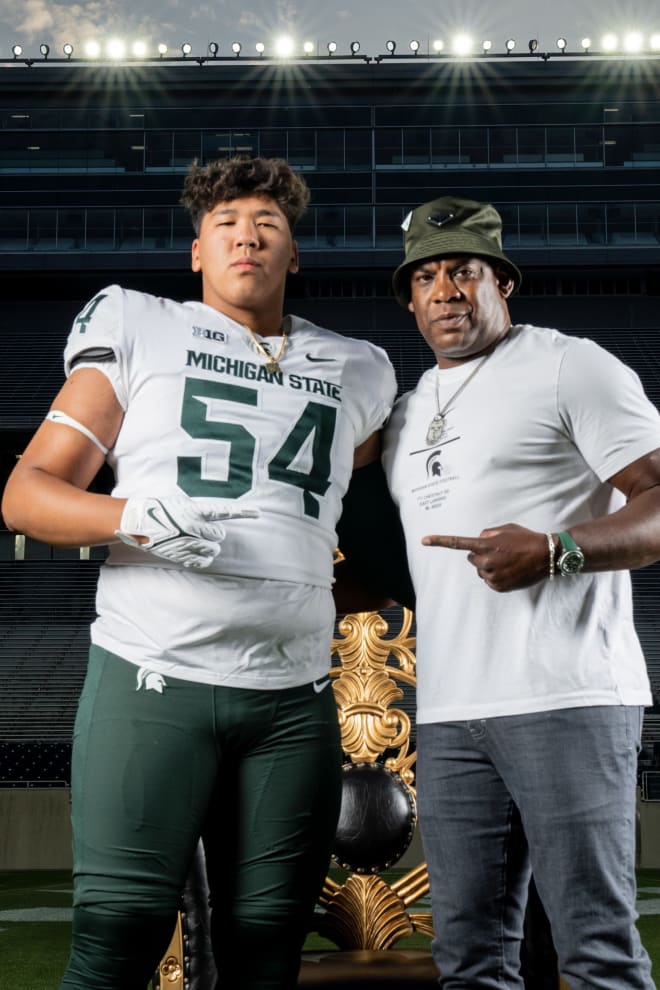 2024 Michigan State three-star offensive line commit Andrew Dennis with MSU head coach Mel Tucker (Photo courtesy of Andrew Dennis)