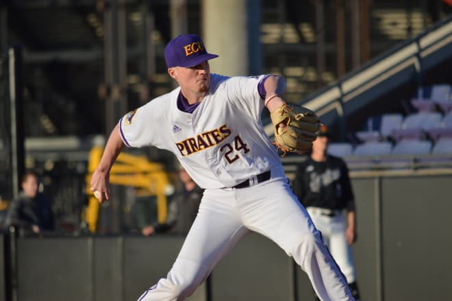 ECU right-hander Trey Benton lasted for 93 pitches, giving up no runs in improving to 4-1 on the season.