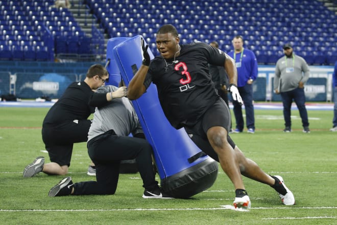Derrick Brown (DL3) during drills at the 2020 NFL Combine.