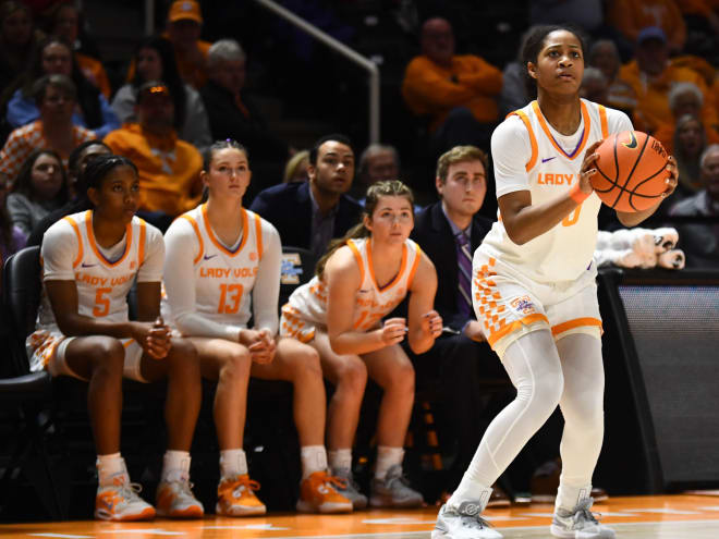 Tennessee's Jewel Spear (0) hits a 3-point shot in the fourth quarter of the NCAA basketball game against Vanderbilt on Sunday, January 21, 2024 in Knoxville, Tenn.