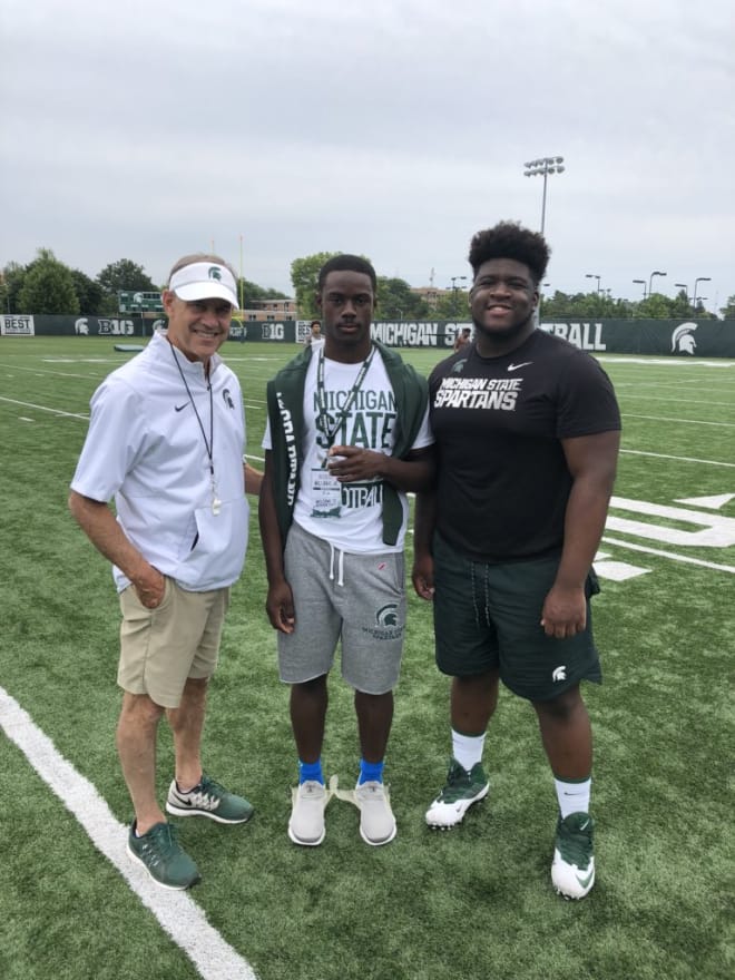 Mark Dantonio with MSU commitment Anthony Williams and incoming freshman Dashaun Mallory, both from Bolingbrook, Ill., during Tuesday's Pre-Camp Kickoff. (Photo courtesy Twitter)