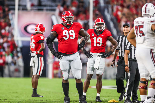 Georgia defensive lineman Jordan Davis (99) during the Bulldogs’ game against South Carolina in Athens, Ga., on Saturday, Sept. 18, 2021. (Photo by Mackenzie Miles/UGA Sports Communications)