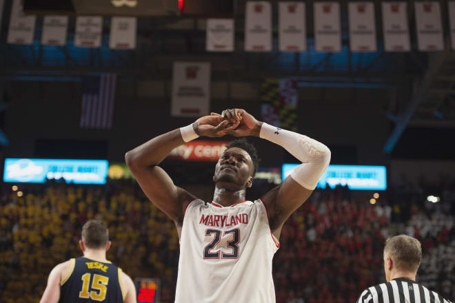 Bruno Fernando (No. 23) reacts after being called for a foul in the second half of the Terps' loss to Michigan. 