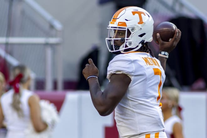 Tennessee quarterback Joe Milton III (7) warms up before an NCAA college football game against Alabama, Saturday, Oct. 23, 2021, in Tuscaloosa, Ala. (AP Photo/Vasha Hunt)