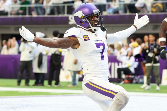 Former LSU All-American cornerback Patrick Peterson of the Minnesota Vikings celebrates his fourth interception of the season in Minnesota's 27-24 Saturday afternoon win over the New York Giants.