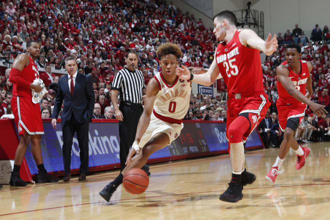 Romeo Langford (center with ball) is expected to be a first round pick in this month's NBA Draft.