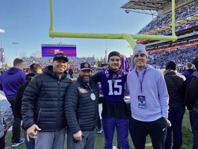 2021 three-star Spanish Fork (Utah) Timpview defensive end Logan Fano (Right) with Puka Nacua (center, right) on his unofficial visit to Washington. 