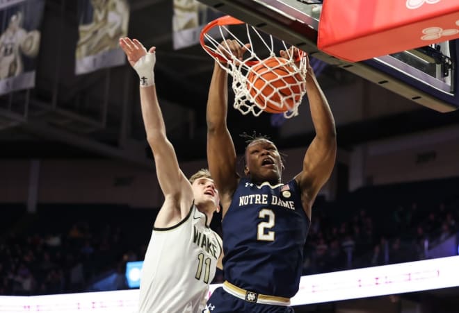 Notre Dame freshman forward Ven-Allen Lubin (2) dunks against Wake Forest Saturday night on his way to a career-high 19 points in a 66-58 road loss.