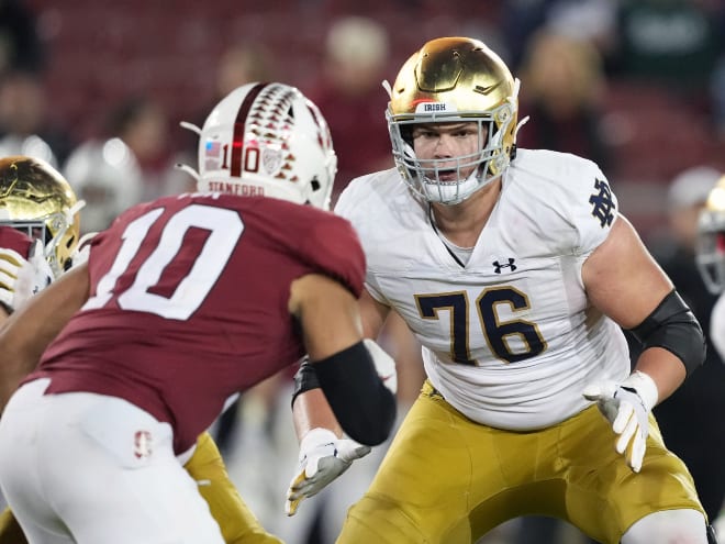 Notre Dame left tackle Joe Alt (76) was named to the 2021 FWAA All-American Team.