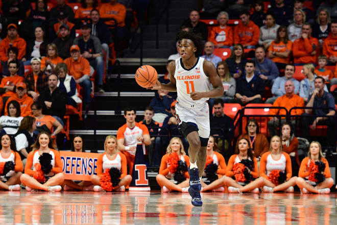 Illinois Fighting Illini guard Ayo Dosunmu (11) dribbles the ball during the Big Ten Conference college basketball game between the Minnesota Golden Gophers and the Illinois Fighting Illini on January 30, 2020, at the State Farm Center in Champaign, Illinois.
