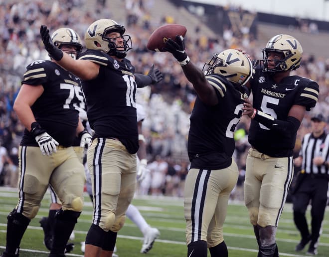 Vanderbilt players celebrate after scoring a touchdown during their game against Wake Forest at Vanderbilt's FirstBank Stadium. Photo | Alan Poizner / USA TODAY NETWORK