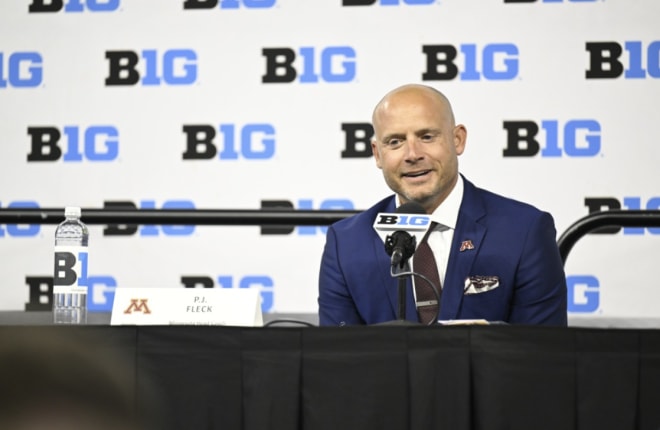 Minnesota coach PJ Fleck speaks at Big Ten Media Days Credit: Big Ten Conference 