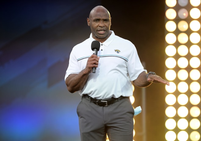 Jacksonville Jaguars new assistant head coach Charlie Strong addresses the audience during the pre draft celebration Thursday, April 29, 2021. The Jacksonville Jaguars held a draft night party at TIAA Bank Field in anticipation of taking former Clemson quarterback Trevor Lawrence with the first pick of the first round of the NFL draft overseen by the Jaguars' new head coach Urban Meyer. Photo | Bob Self/Florida Times-Union via Imagn Content Services, LLC