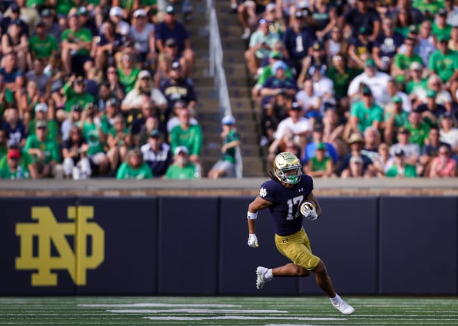 Notre Dame football beat Tennessee State 56-3 in its home opener on Saturday. Freshman wide receivers Jaden Greathouse and Rico Flores Jr. each logged 24 snaps, tied for the third highest at the position.
