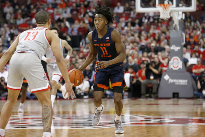 Ayo Dosunmu #11 of the Illinois Fighting Illini brings the ball up the court in the game against the Ohio State Buckeyes at Value City Arena on March 05, 2020 in Columbus, Ohio.