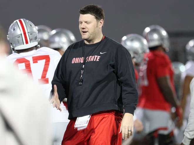 Ohio State offensive line coach Justin Frye is still evaluating the Buckeyes' best options this spring. (Birm/DTE)