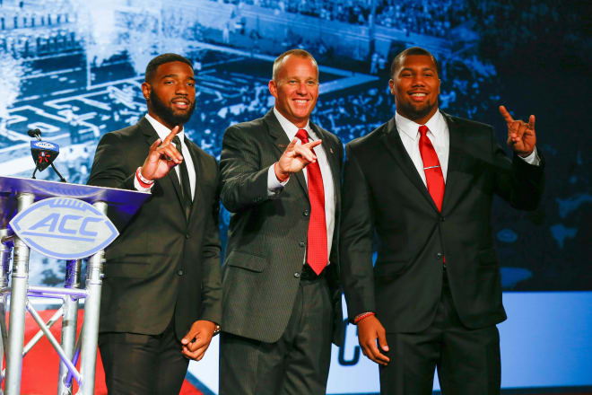 Seniors Jaylen Samuels (left) and Bradley Chubb (right) joined head coach Dave Doeren Thursday at ACC Kickoff in Charlotte. 