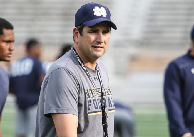 Samuel M'Pemba is listed as an athlete, and Notre Dame defensive line coach Mike Elston sees him off the edge.