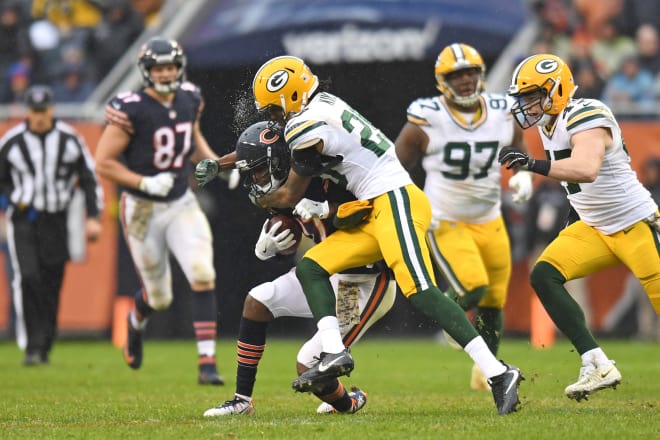 Green Bay Packers cornerback Kevin King (20) tackles Chicago Bears wide receiver Dontrelle Inman (17) during the second half at Soldier Field. Photo Credit: Patrick Gorski - USA TODAY Sports