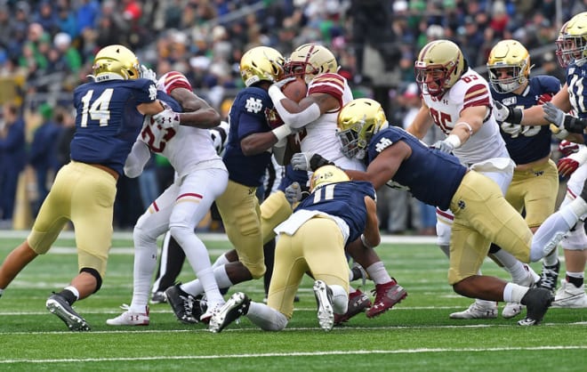 Notre Dame's defense limited Boston College to 191 yards total offense in the 40-7 romp.