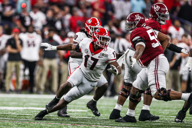 Georgia inside linebacker Nakobe Dean (17) during the College Football Playoff National Championship against Alabama at Lucas Oil Stadium in Indianapolis, Ind., on Monday Jan. 10, 2022. (Photo by Mackenzie Miles/UGA Sports Communications)