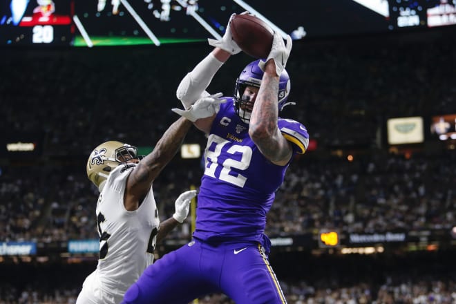 Minnesota Vikings tight end Kyle Rudolph hauling the game-winning touchdown in his team’s wild card playoff win at New Orleans