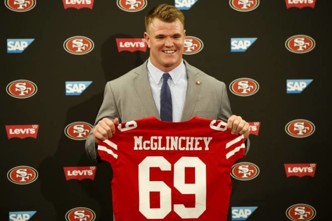 Former Notre Dame offensive tackle Mike McGlinchey, who is going to the Super Bowl with the San Francisco 49ers. (Josie Lepe/Associated Press)