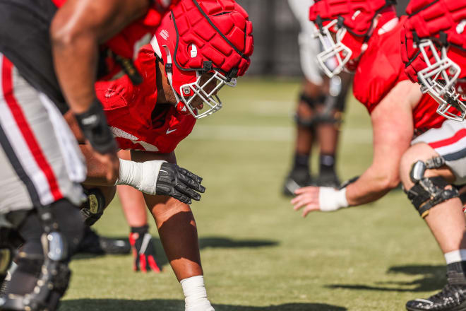 Georgia offensive lineman Devin Willock (77) during the Bulldogs’ practice session in Athens, Ga., on Tuesday, March 29, 2022. (Photo by Mackenzie Miles/UGA Sports Communications)