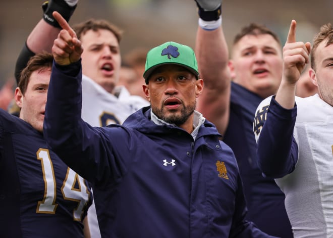 Notre Dame coach Marcus Freeman maintains he still has an ongoing QB competition after Saturday's Blue-Gold Game at Notre Dame Stadium.