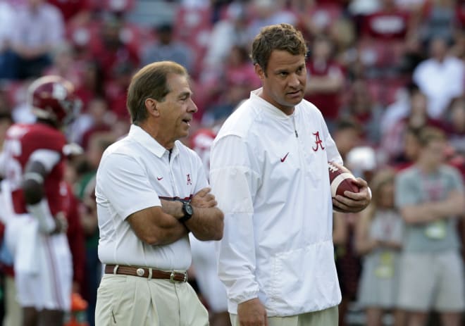 Alabama Crimson Tide head coach Nick Saban and offensive coordinator Lane Kiffen prior to the game against Kentucky Wildcats at Bryant-Denny Stadium. Photo Marvin Gentry-USA TODAY Sports