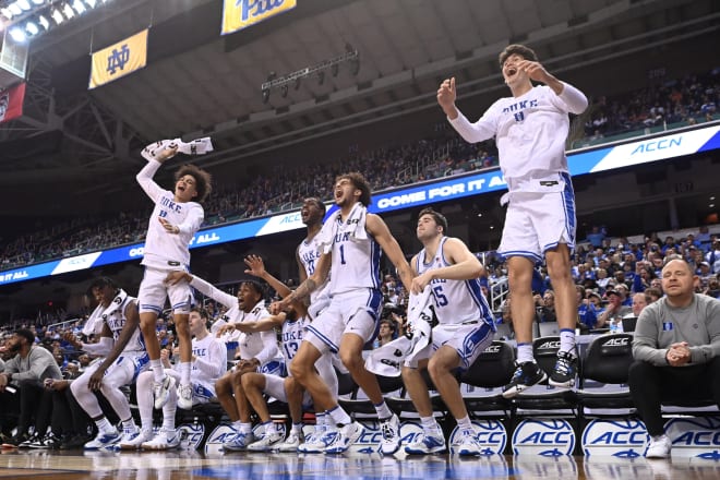 Duke's bench celebrates during the last few minutes of Thursday's blowout win. 