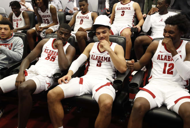 Alabama Crimson Tide guard Jaden Shackelford (5) dons the Blue-Collar Award hard hat. Photo | Alabama Athletics 