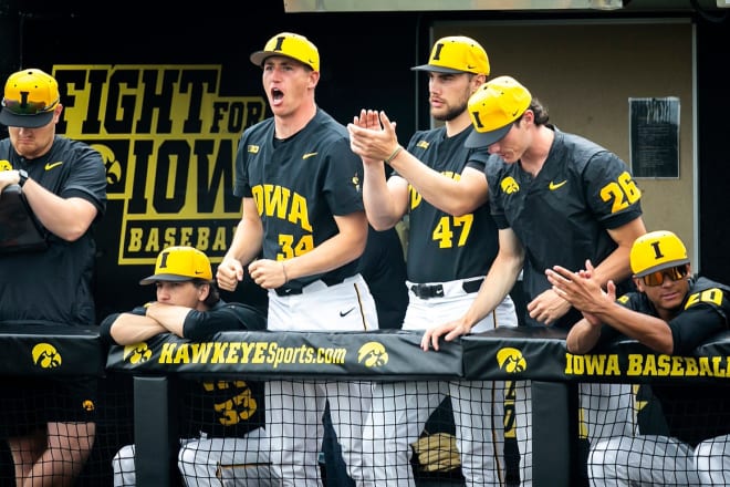 The Iowa dugout celebrates a big play in Iowa's win over MIchigan State. 