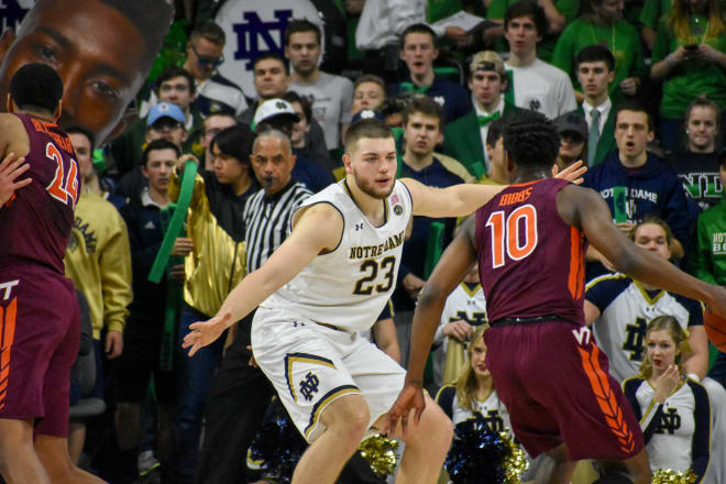 Senior forward Martinas Geben scored 10 points and pulled down nine rebounds in the first meeting with Virginia Tech Jan. 27 in South Bend, but the Irish fell 80-75 to the Hokies.