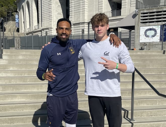 Meyer Swinney, seen here posing with receivers coach Burl Toler III on a previous visit to Cal, gave the Bears his pledge on a weekend trip to Berkeley.