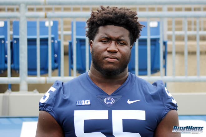 Penn State defensive tackle Fatorma Mulbah poses for a photo at the team's media day on Aug. 7, 2021 at Beaver Stadium. BWI photo/Greg Pickel