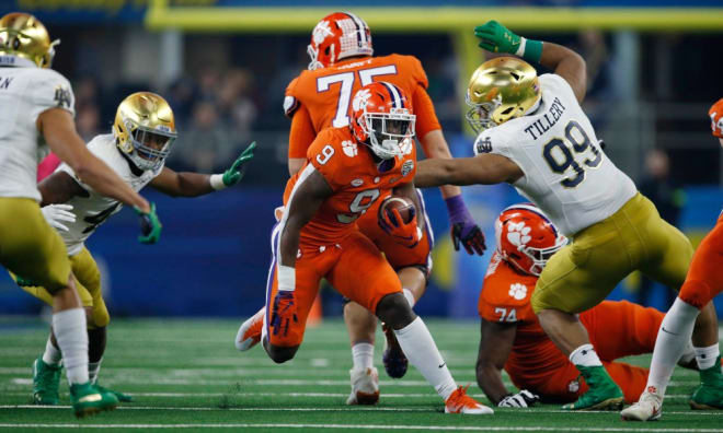 Clemson senior running back Travis Etienne versus Notre Dame in 2018