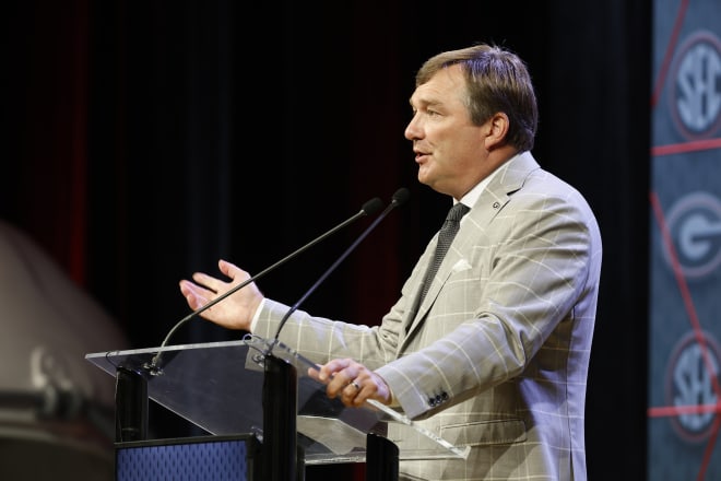 Kirby Smart addresses the media Tuesday morning at SEC Media Days.