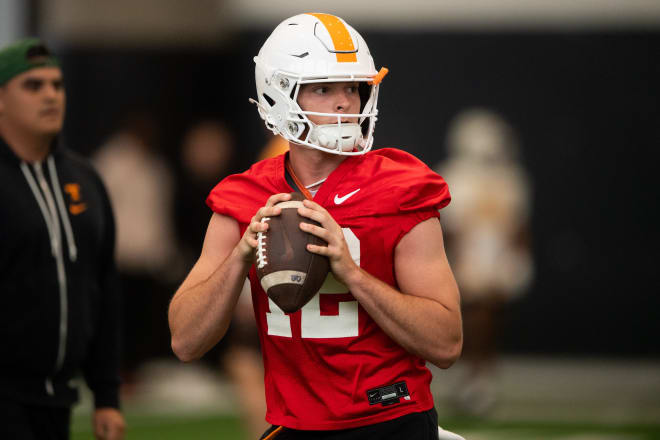 Tennessee quarterback Jake Merklinger (12) during UT's first spring football practice on Monday, March 18, 2024.