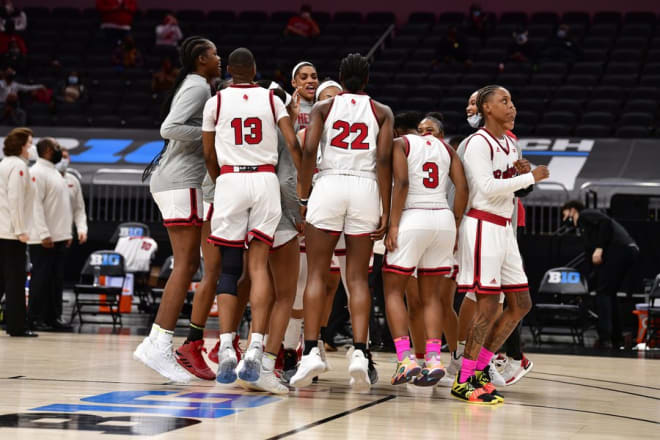 Rutgers women's basketball huddles before taking on Iowa in the quarterfinals of the Big Ten Women's Tournament